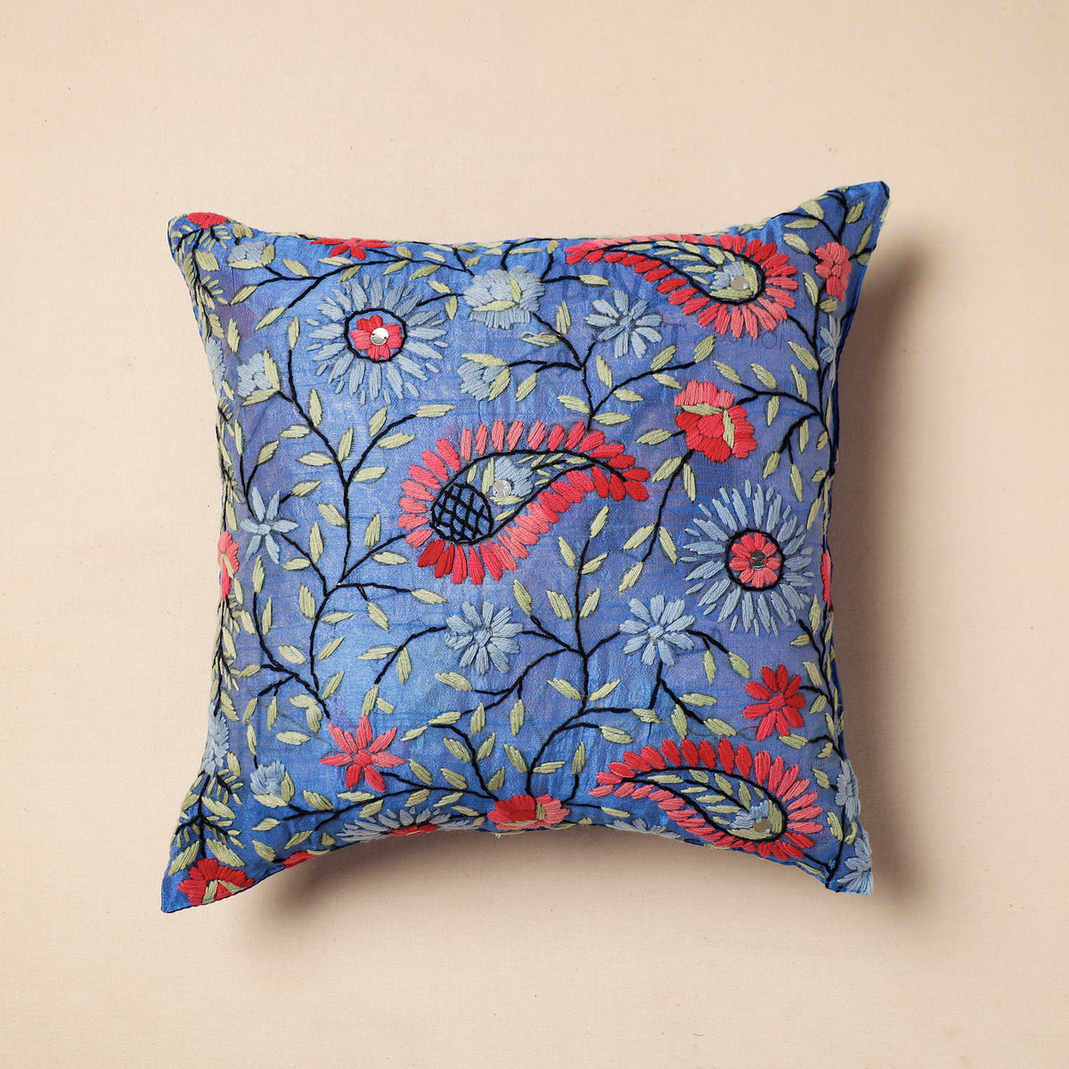 Phulkari Hand Embroidery Chanderi Silk Cushion Cover (16 x 16 in)