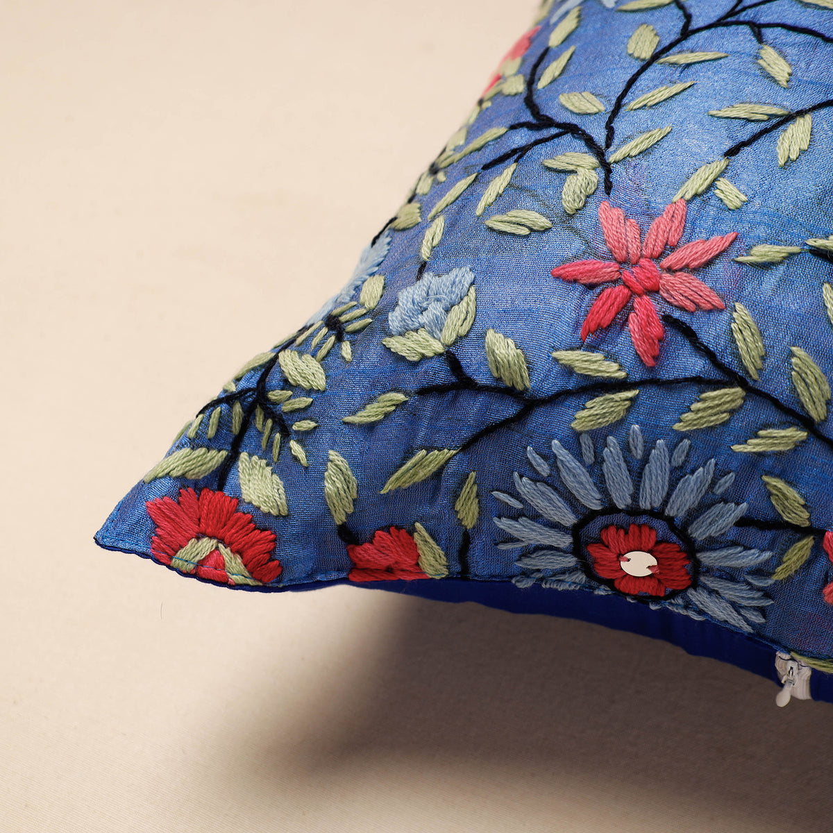 Phulkari Hand Embroidery Chanderi Silk Cushion Cover (16 x 16 in)