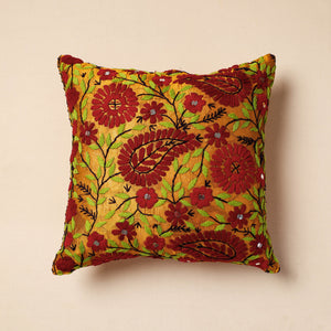 Phulkari Hand Embroidery Chanderi Silk Cushion Cover (16 x 16 in)