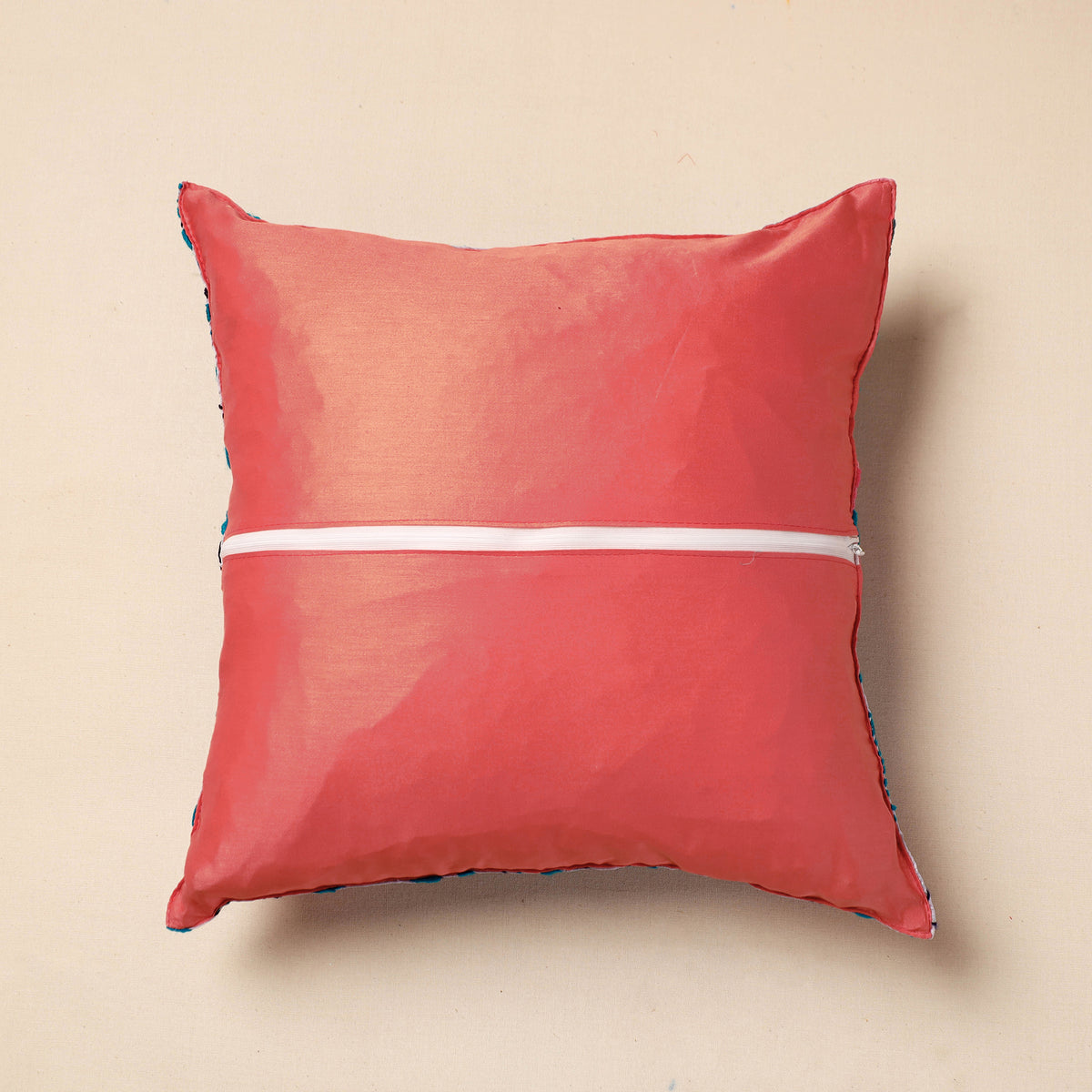 Phulkari Hand Embroidery Chanderi Silk Cushion Cover (16 x 16 in)