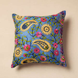 Phulkari Hand Embroidery Chanderi Silk Cushion Cover (16 x 16 in)