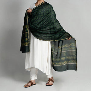 Blue - Akola Block Printed Chanderi Silk Handloom Stole with Zari Border