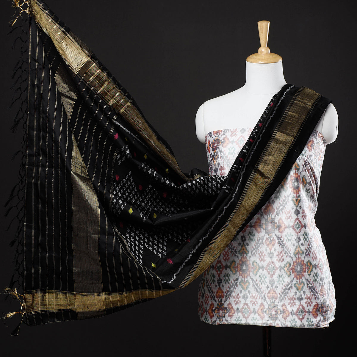 2pc Pochampally Ikat Weave Handloom Pure Raw Mulberry Silk Suit Material Set