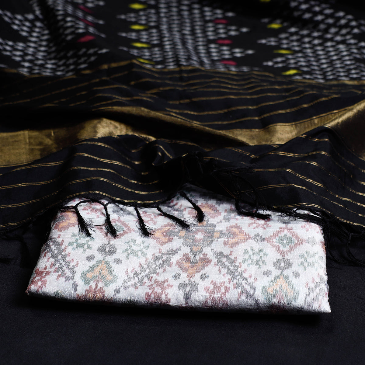 2pc Pochampally Ikat Weave Handloom Pure Raw Mulberry Silk Suit Material Set