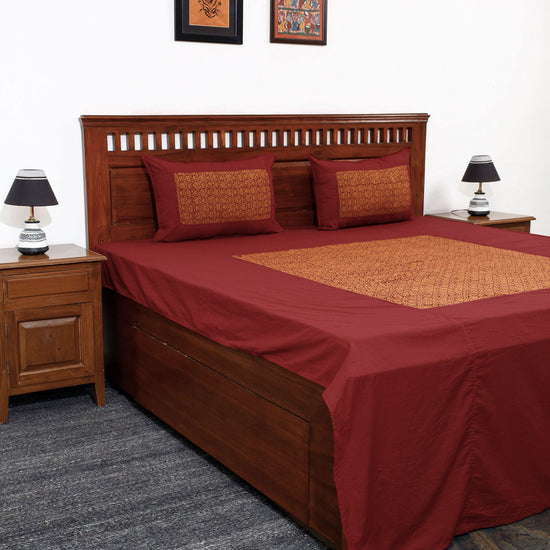Plain Cotton Double Bed Cover Set with Bagh Patchwork