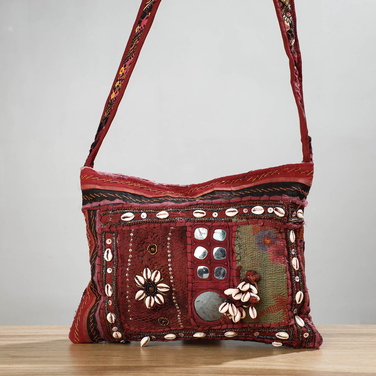 Banjara Vintage Embroidery Shell &amp; Mirror Patchwork Sling Bag