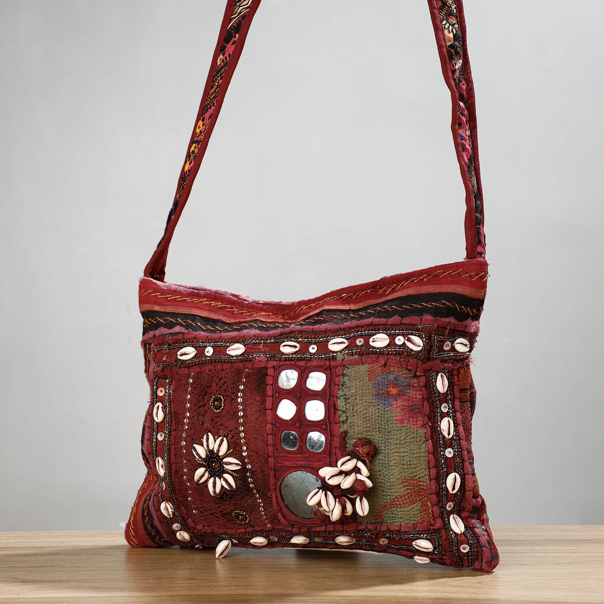 Banjara Vintage Embroidery Shell &amp; Mirror Patchwork Sling Bag