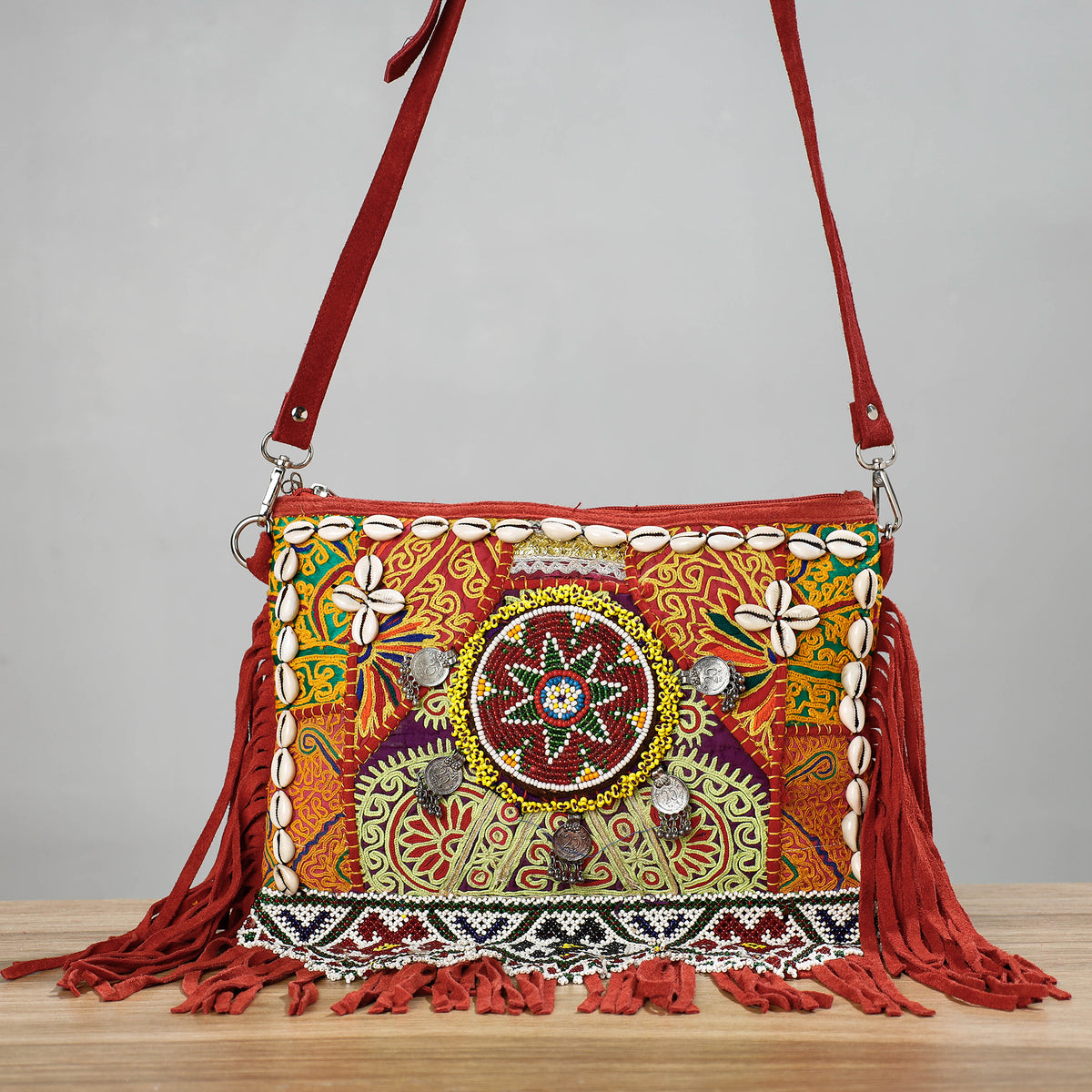 Banjara Vintage Embroidery Beads, Shell &amp; Coin Patchwork Sling Bag