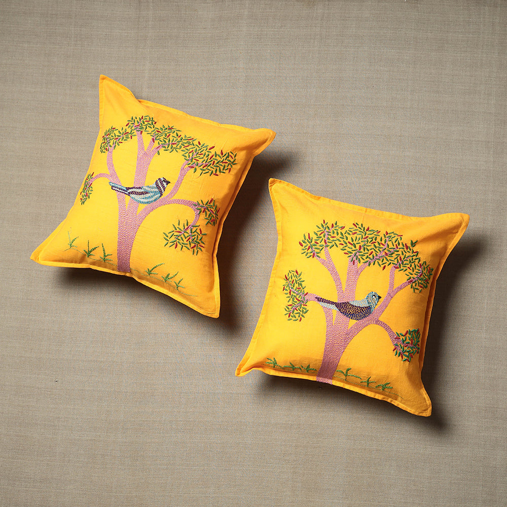 Set of 2 - Chandi Mati Kantha Work Cotton Cushion Cover (16 x 16 in)