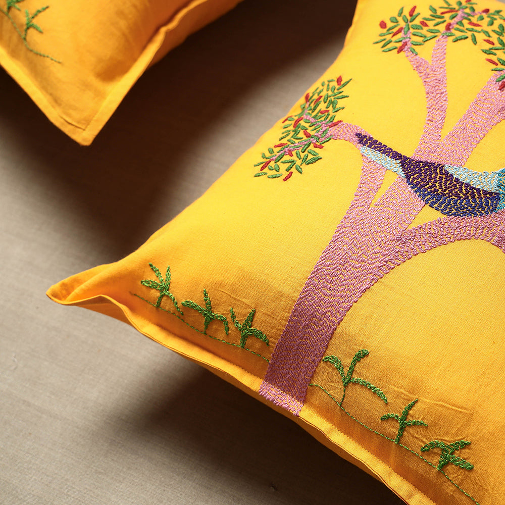 Set of 2 - Chandi Mati Kantha Work Cotton Cushion Cover (16 x 16 in)