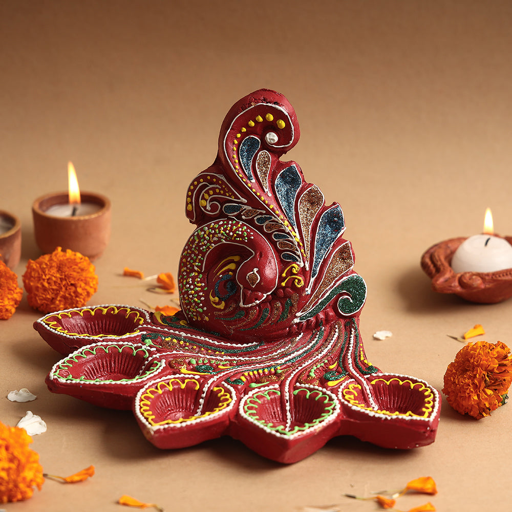 Peacock Festive Decor Handpainted Terracotta Big Diya