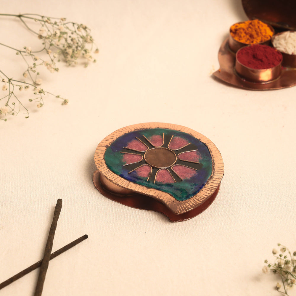 Copper Hand-Hammered Enamel Work Roli Chawal Box