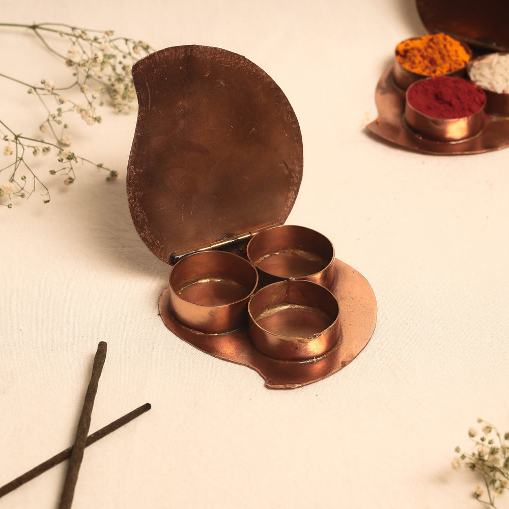 Copper Hand-Hammered Enamel Work Roli Chawal Box