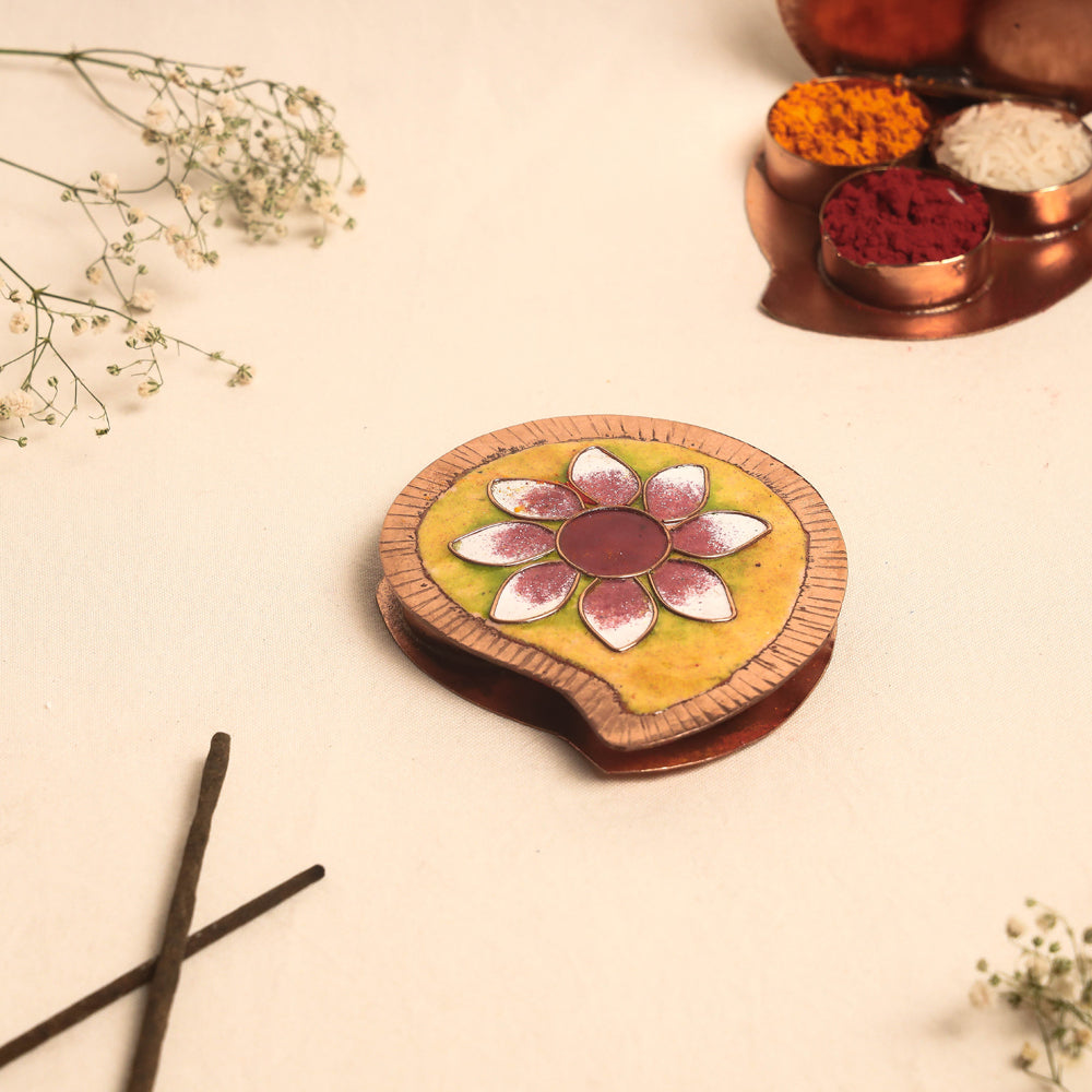 Copper Hand-Hammered Enamel Work Roli Chawal Box