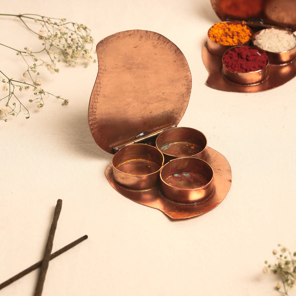 Copper Hand-Hammered Enamel Work Roli Chawal Box