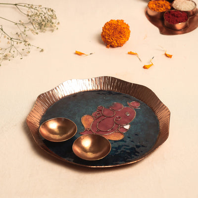 Copper Hand-Hammered Enamel Work Pooja Thali with Diyas