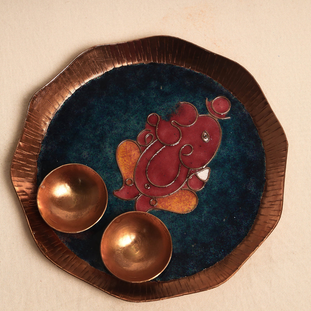 Copper Hand-Hammered Enamel Work Pooja Thali with Diyas