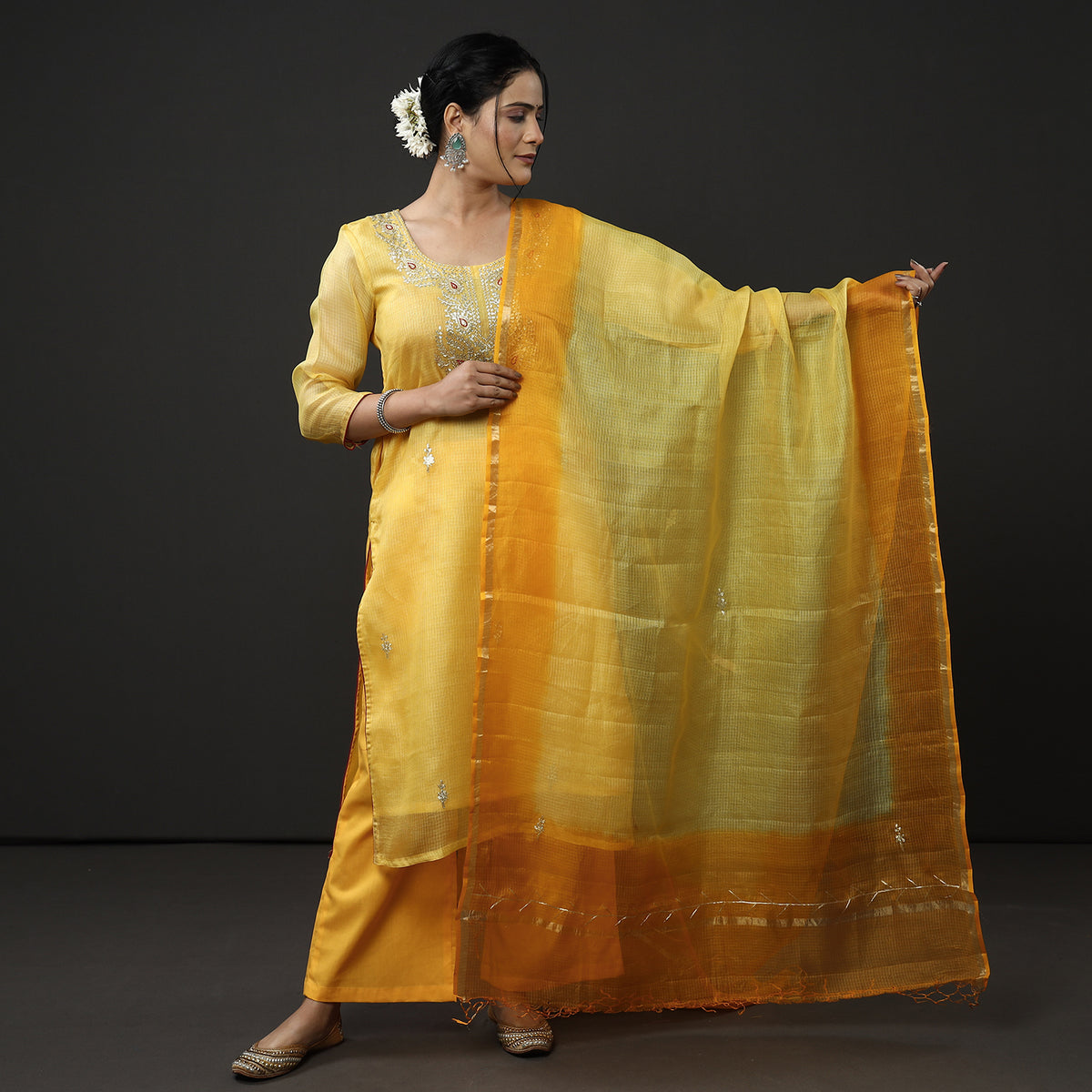 Yellow &amp; Orange - Kota Doria Pure Silk Stitched Kurta with Palazzo &amp; Dupatta Set