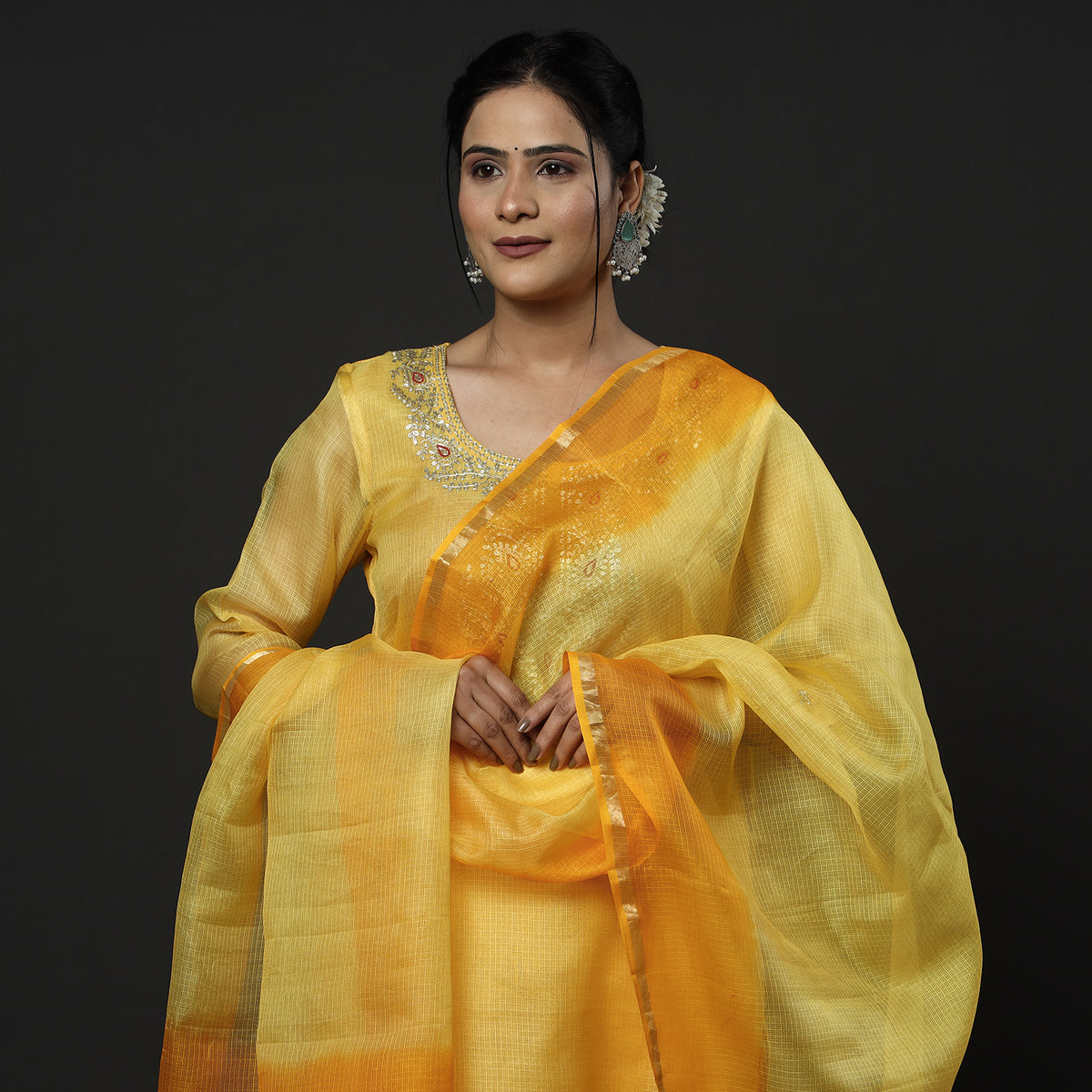 Yellow &amp; Orange - Kota Doria Pure Silk Stitched Kurta with Palazzo &amp; Dupatta Set