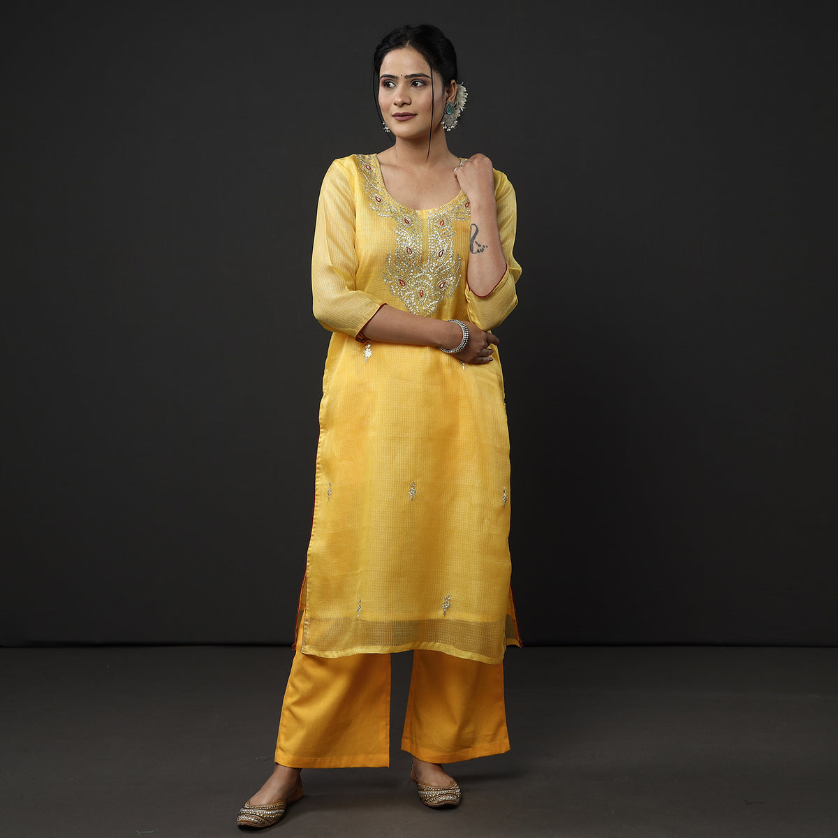 Yellow &amp; Orange - Kota Doria Pure Silk Stitched Kurta with Palazzo &amp; Dupatta Set