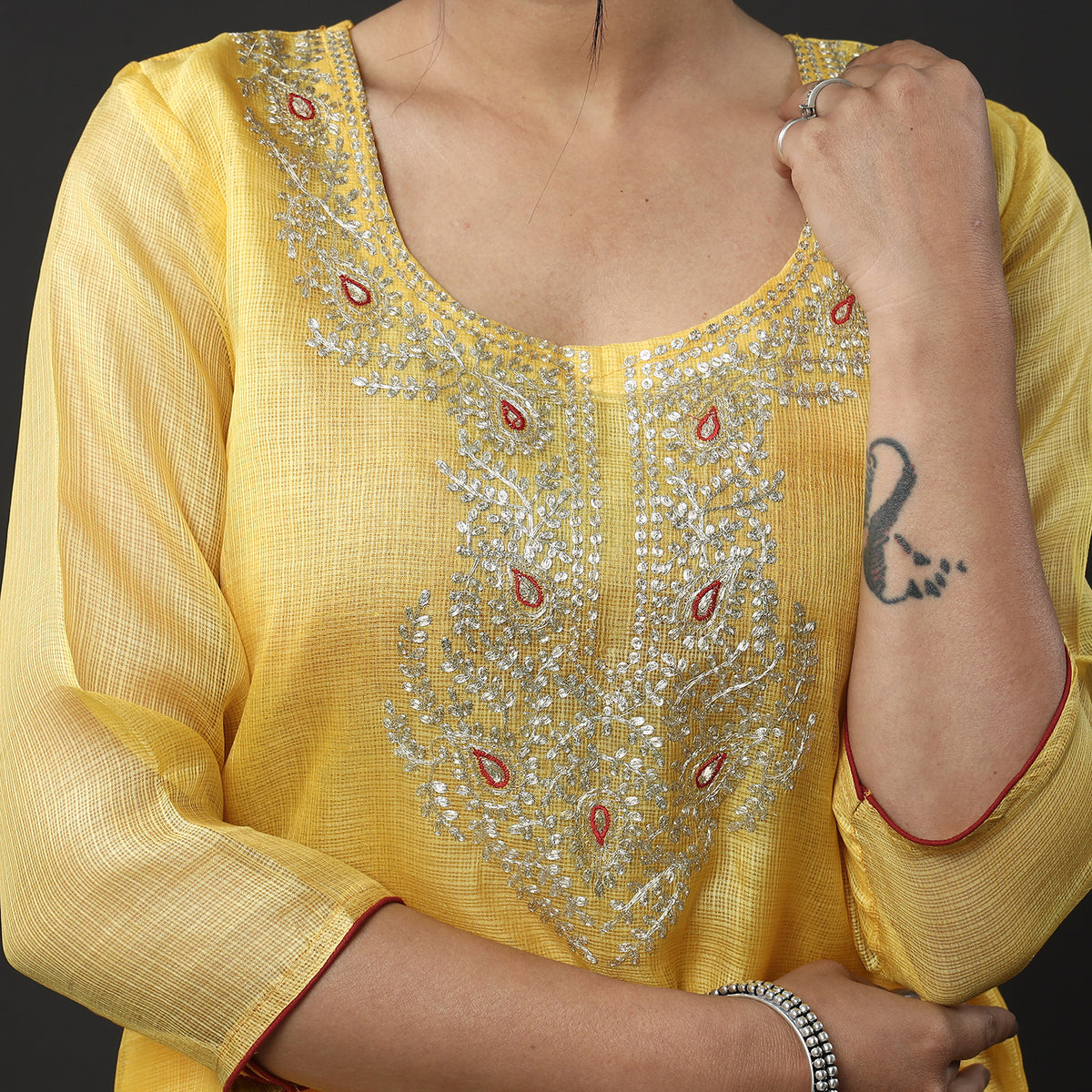 Yellow &amp; Orange - Kota Doria Pure Silk Stitched Kurta with Palazzo &amp; Dupatta Set