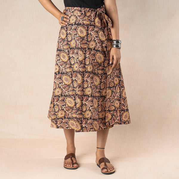 Beige - Kalamkari Block Printed Cotton Wrap Around Skirt