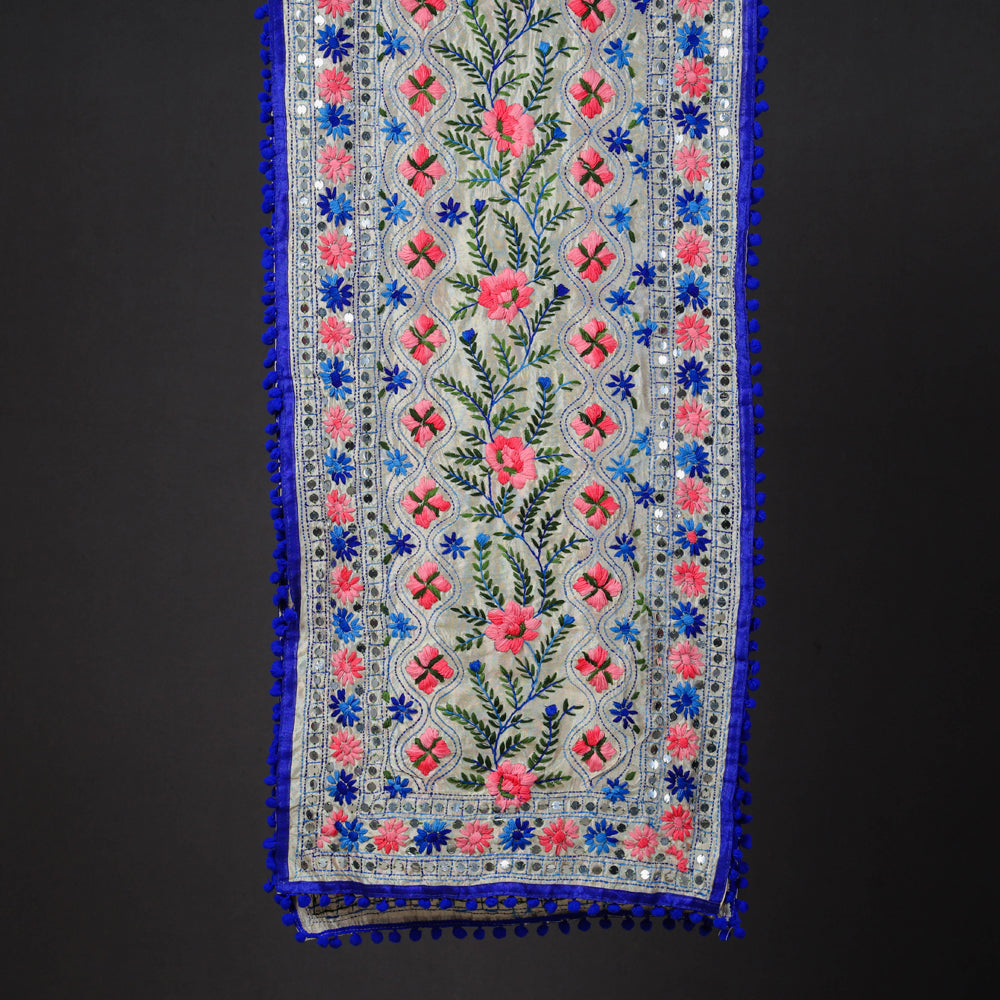 Ranihati Chapa Work Phulkari Embroidered Chanderi Silk Stole With Pom Pom