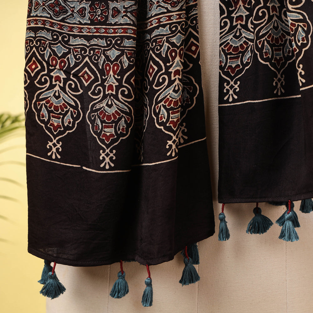 Ajrakh Block Print Pure Modal Silk Natural Dyed Stole with Tassels