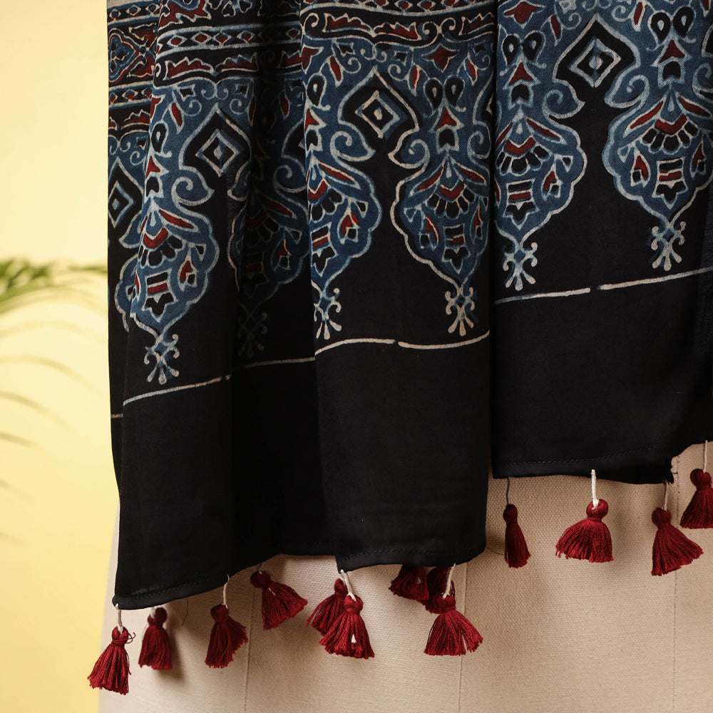 Ajrakh Block Print Pure Modal Silk Natural Dyed Stole with Tassels