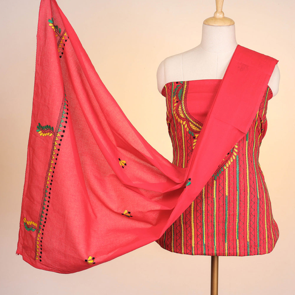 Bengal Kantha Embroidery Pure Cotton 3pc Suit Material Set