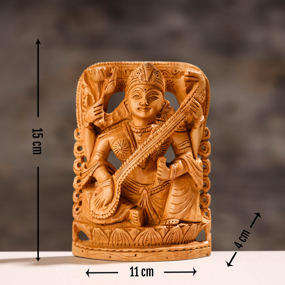 Goddess Saraswati - Handcarved Kadam Wood Sculpture (6 In)