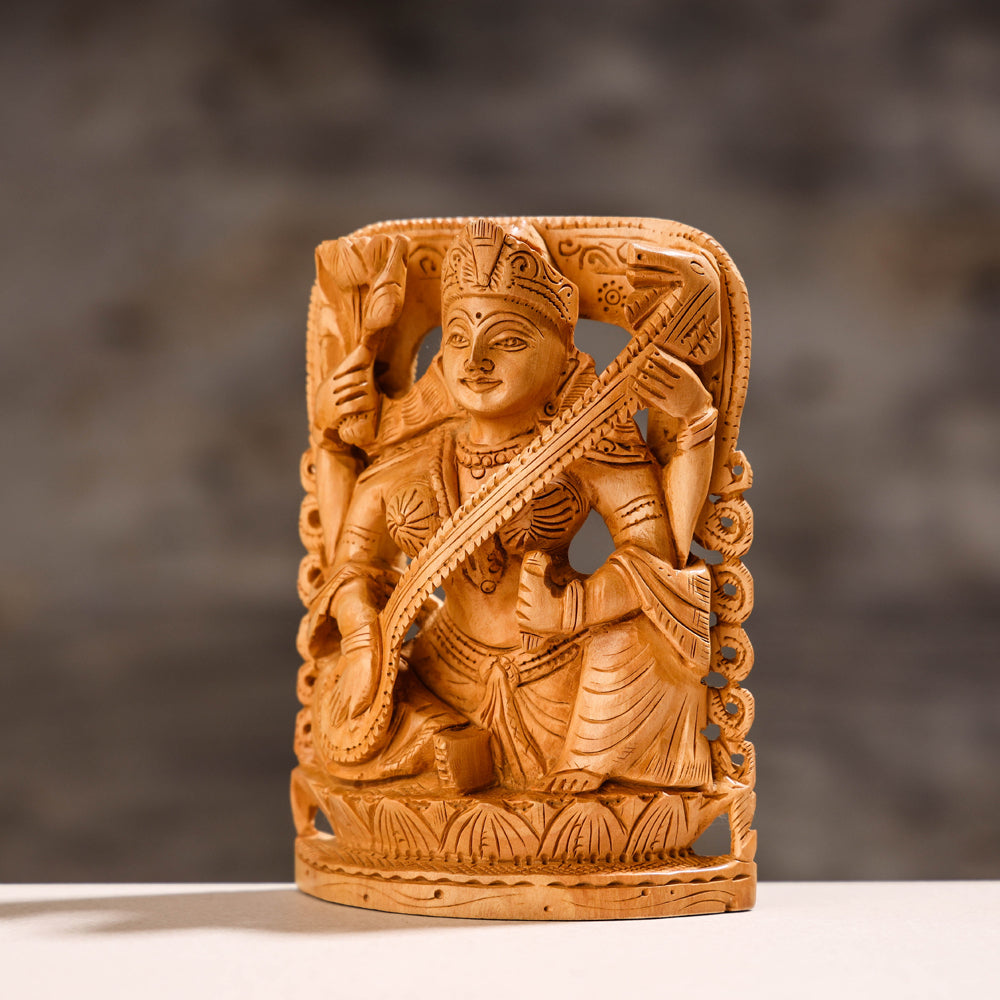 Goddess Saraswati - Handcarved Kadam Wood Sculpture (6 In)
