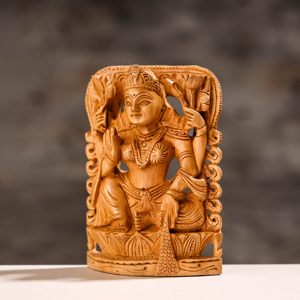 Goddess Laxmi - Handcarved Kadam Wood Sculpture (6 In)