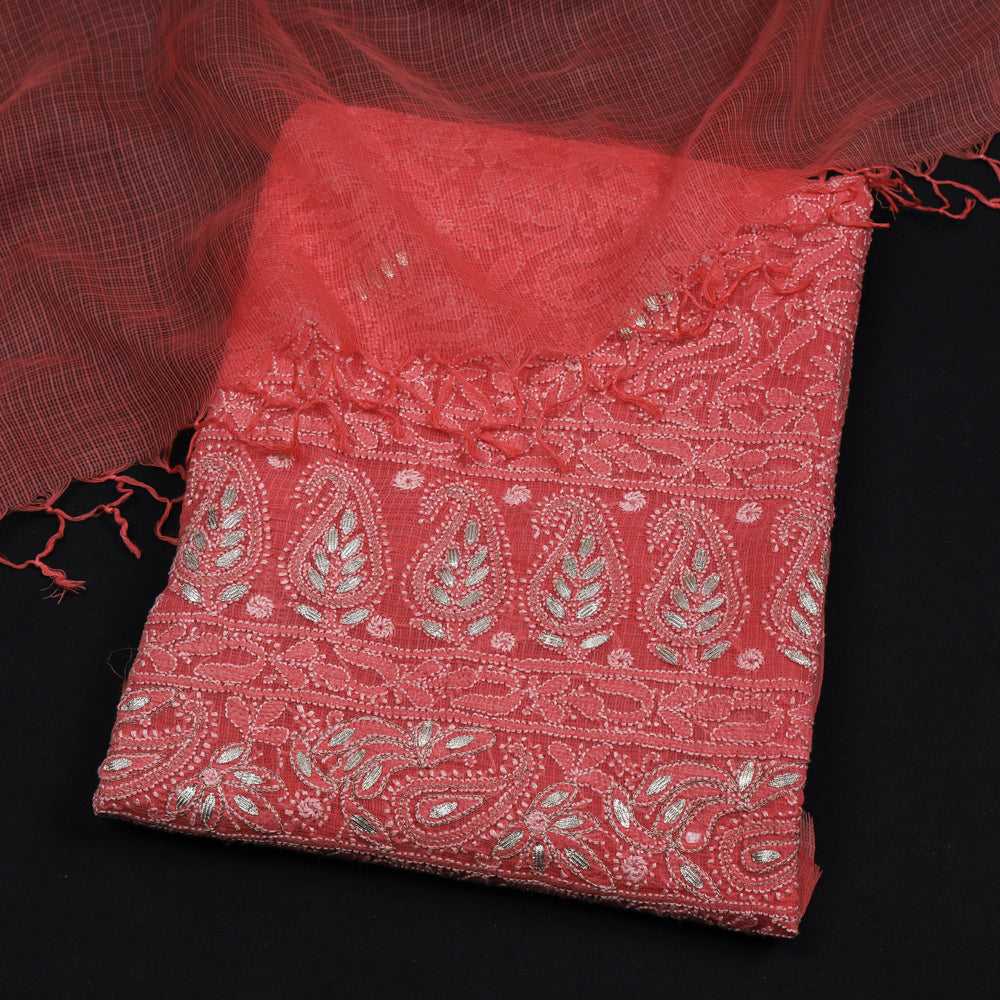 2pc Chikankari Hand Embroidered Beadwork Kota Doria Suit Material Set