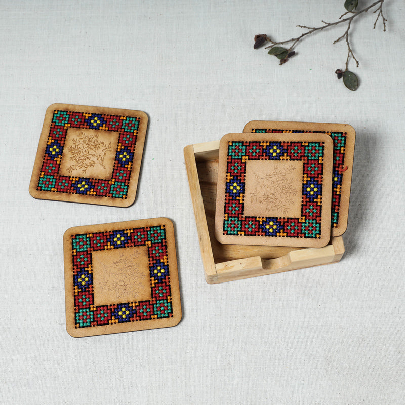 Tribal Hand Embroidered Teak Wood Coasters (Set of 4)