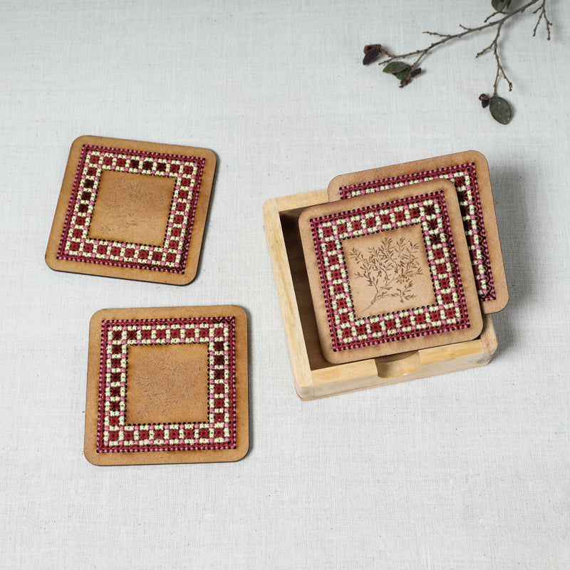 Tribal Hand Embroidered Teak Wood Coasters (Set of 4)
