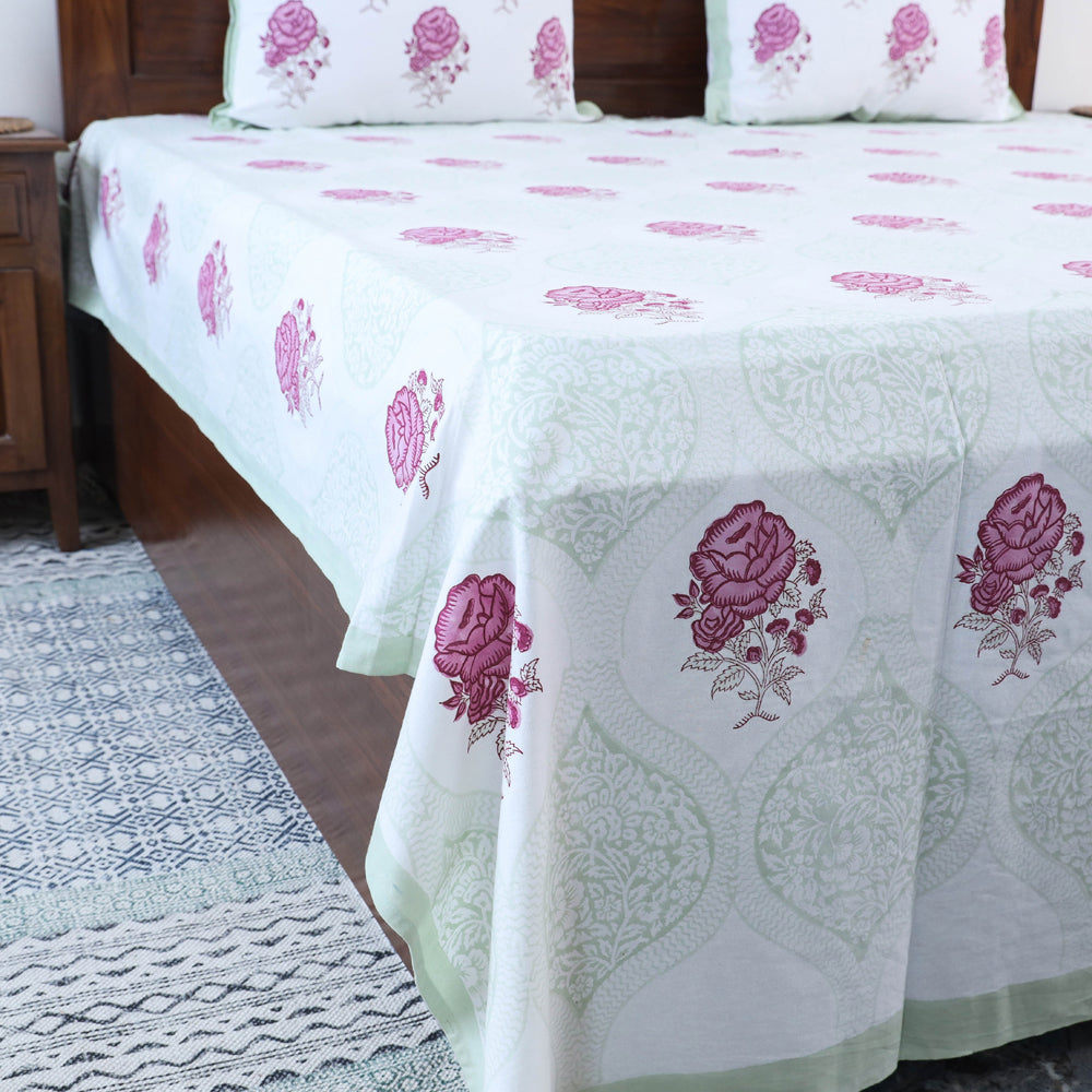 Sanganeri Block Printing Cotton Double Bed Cover with Pillow Covers (107 x 88 in)