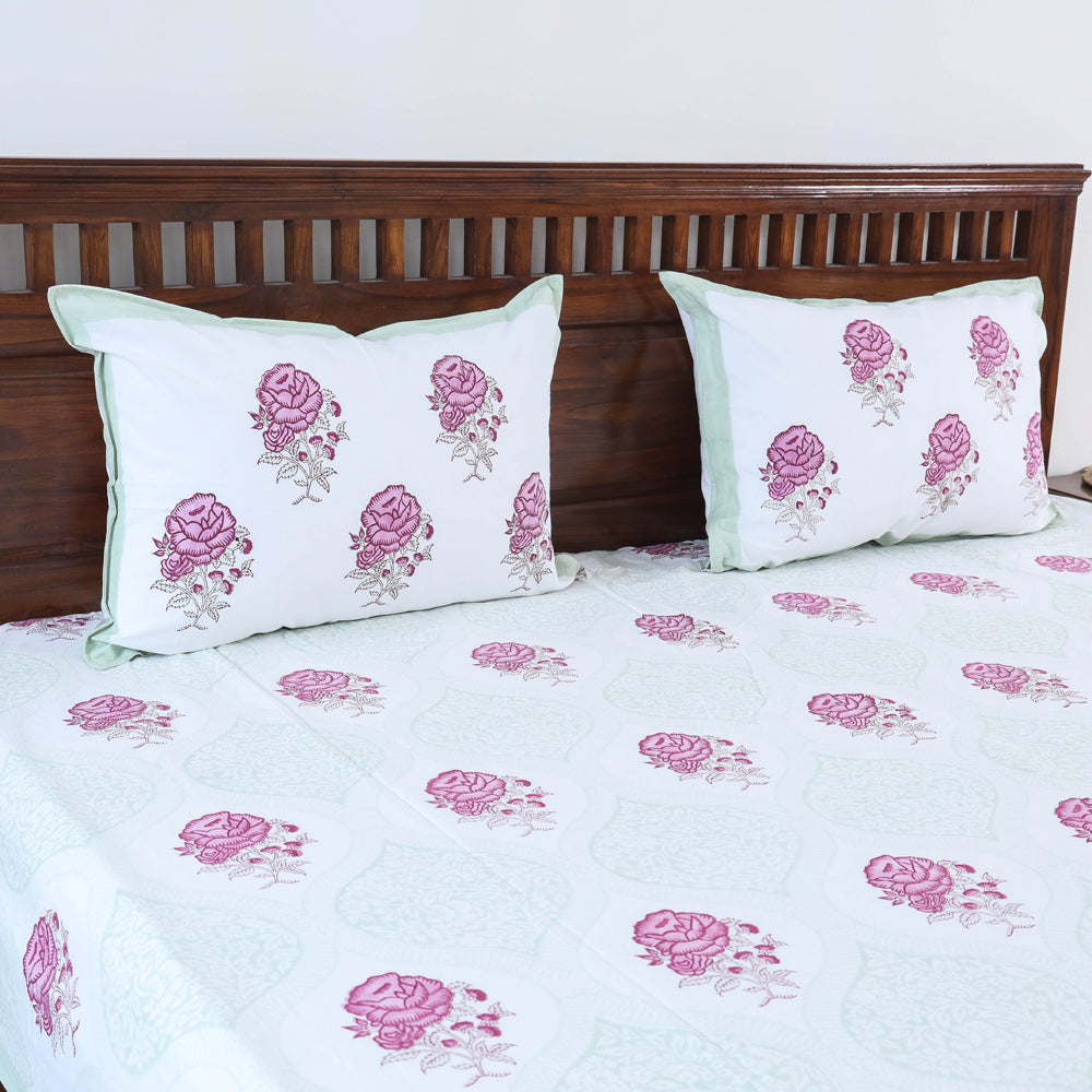 Sanganeri Block Printing Cotton Double Bed Cover with Pillow Covers (107 x 88 in)
