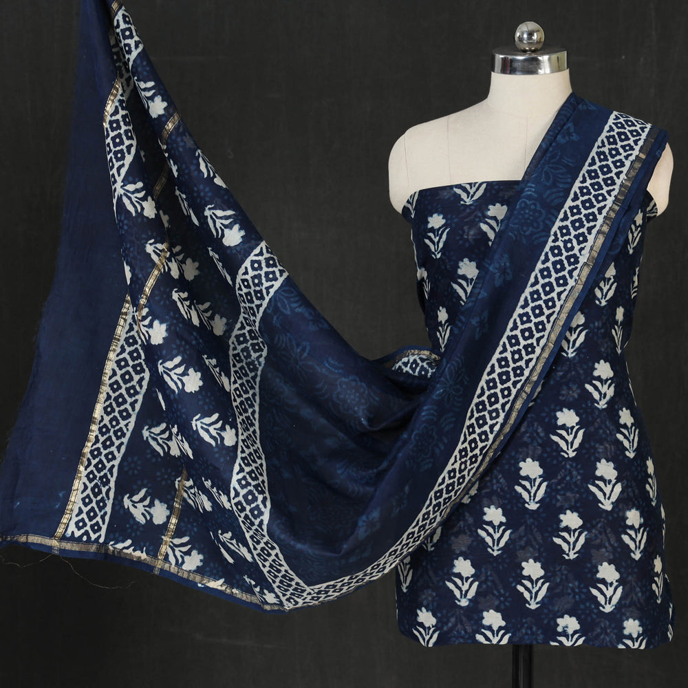 Indigo Block Printed Chanderi Silk 3pc Suit Material Set with Zari Border