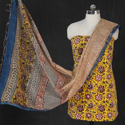 Sanganeri Block Printed Cotton 3pc Suit Material Set with Kota Doria Dupatta
