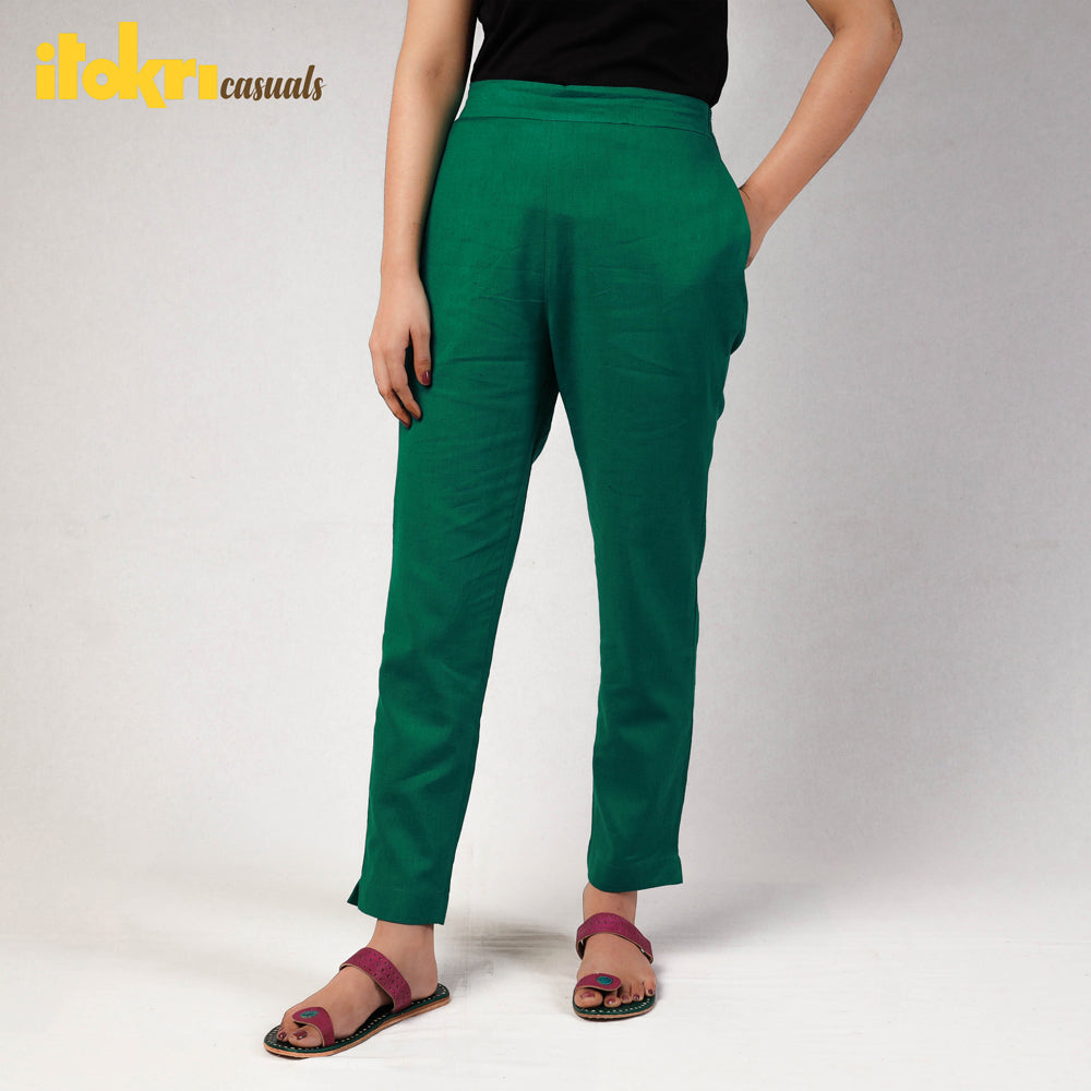 Bottle Green Cotton Tapered Casual Pant for Women