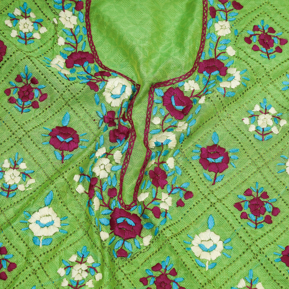 Ranihati Chanderi Silk Chapa Work Tagai Phulkari Embroidered Unstitched Kurta Material (2.45 M)