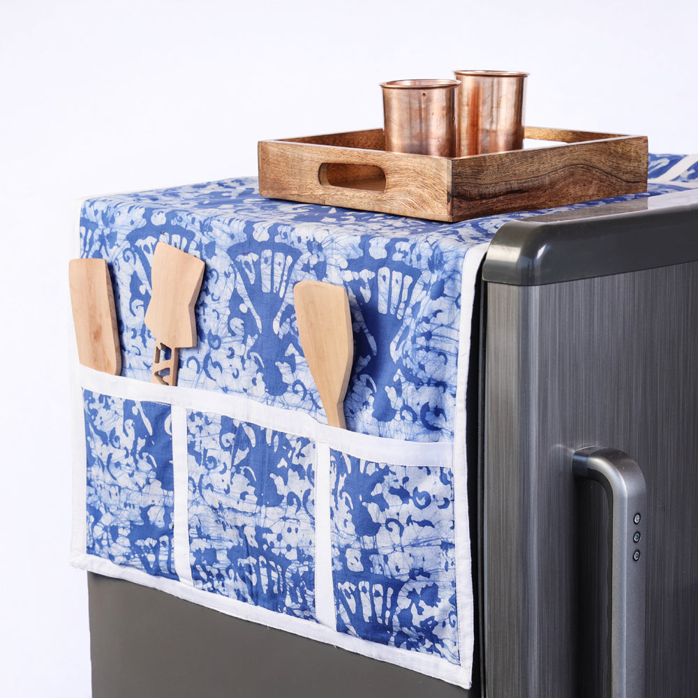 Hand Block Printing Cotton Fridge Top Cover with Multiple Pockets