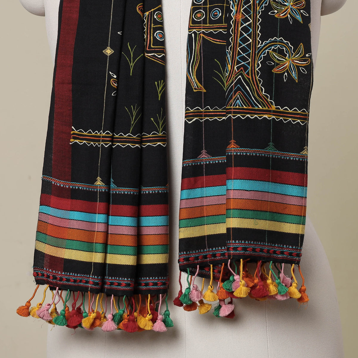 Traditional Rogan Art Hand Painted Handloom Cotton Stole with Tassels