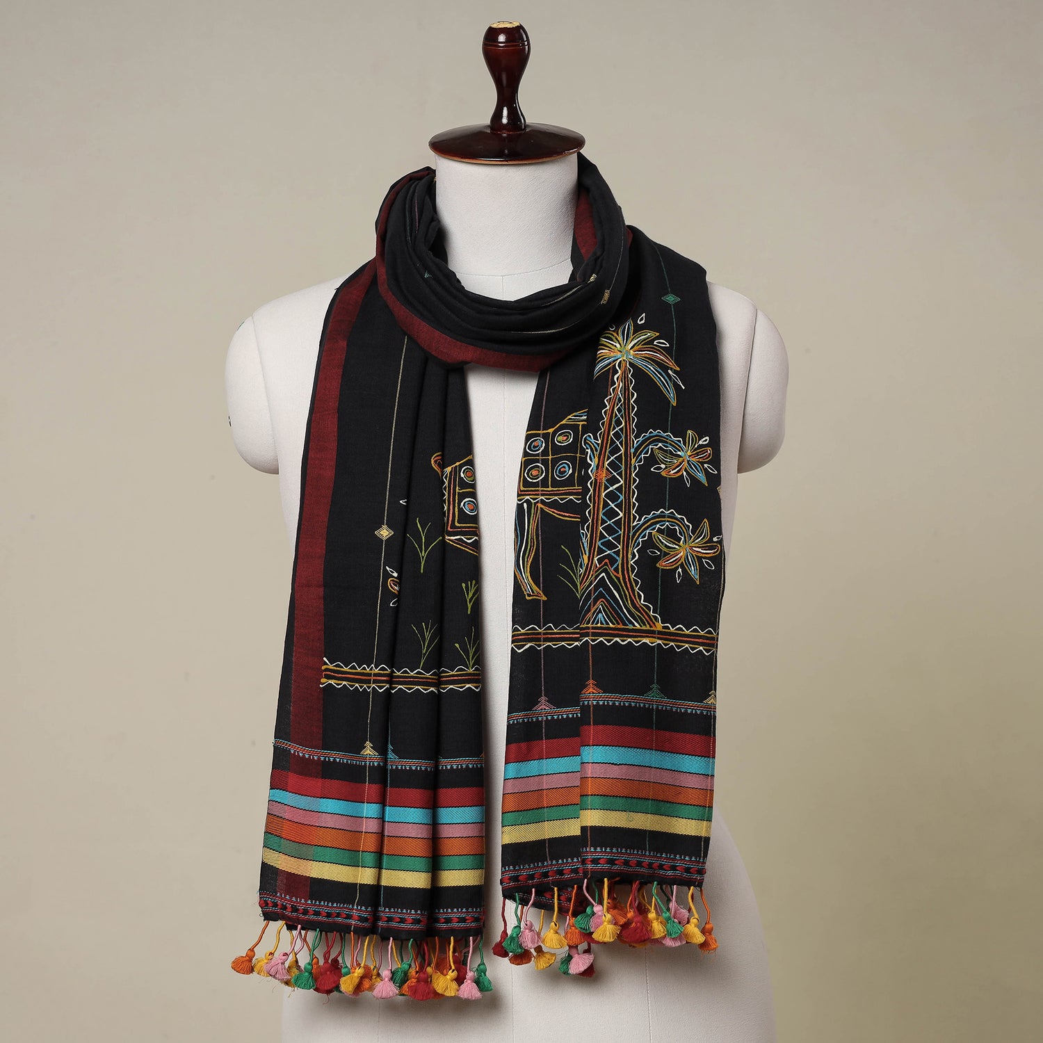 Traditional Rogan Art Hand Painted Handloom Cotton Stole with Tassels