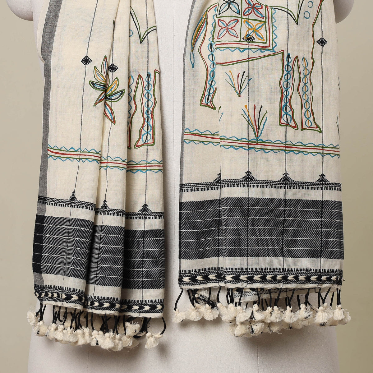 Traditional Rogan Art Hand Painted Handloom Cotton Stole with Tassels
