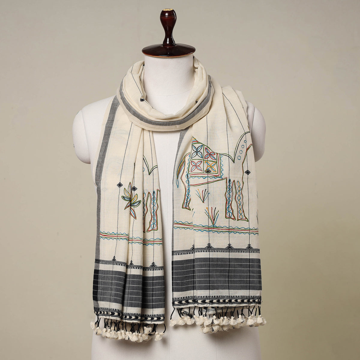 Traditional Rogan Art Hand Painted Handloom Cotton Stole with Tassels