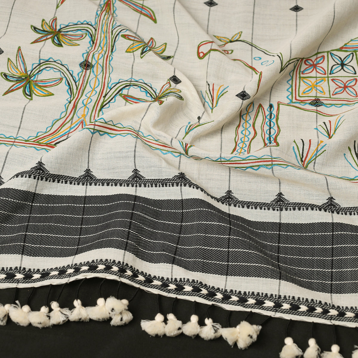 Traditional Rogan Art Hand Painted Handloom Cotton Stole with Tassels