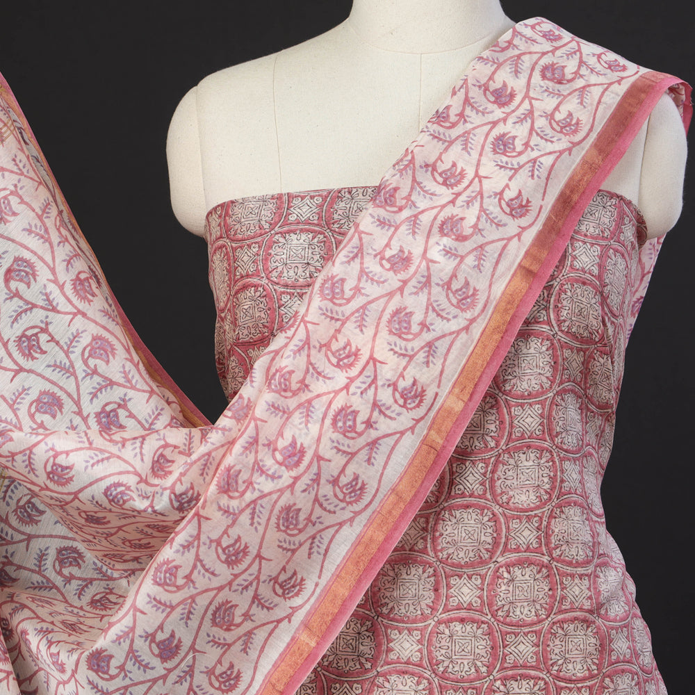 3pc Sanganeri Block Print Maheshwari Silk Suit Material Set