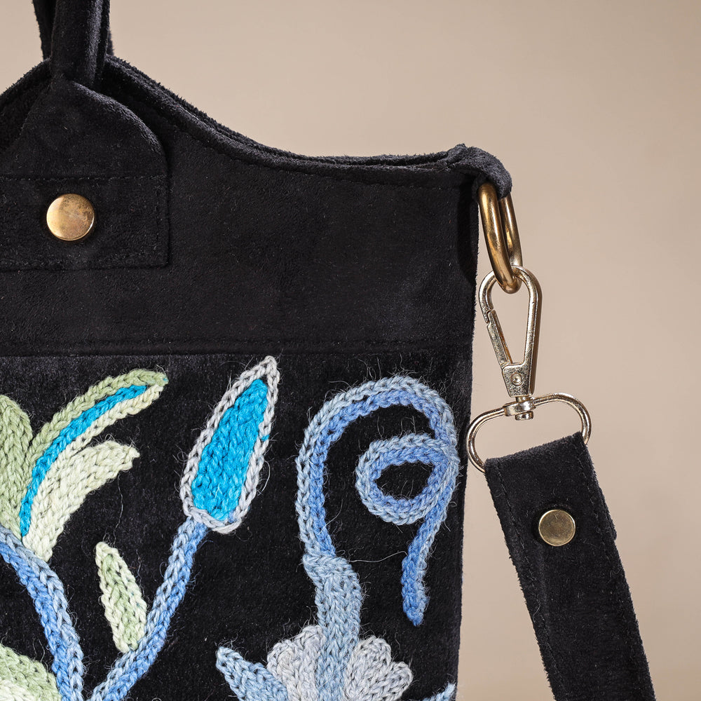 Original Crewel Hand Embroidered Hand Bag with Leather Handle